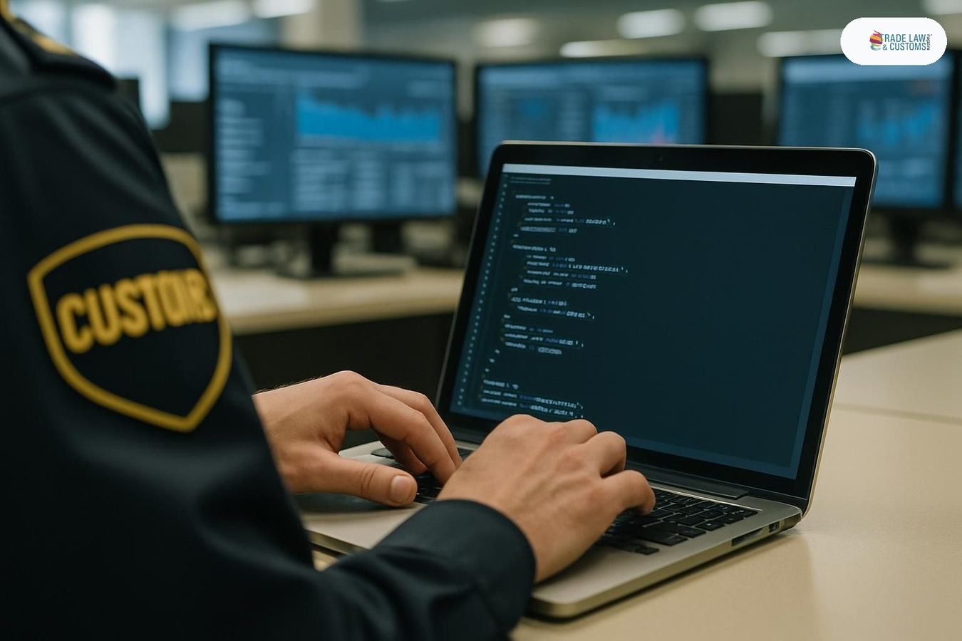 Funcionario aduanal trabajando con esquema JSON del Modelo de Datos de la OMA en pantalla