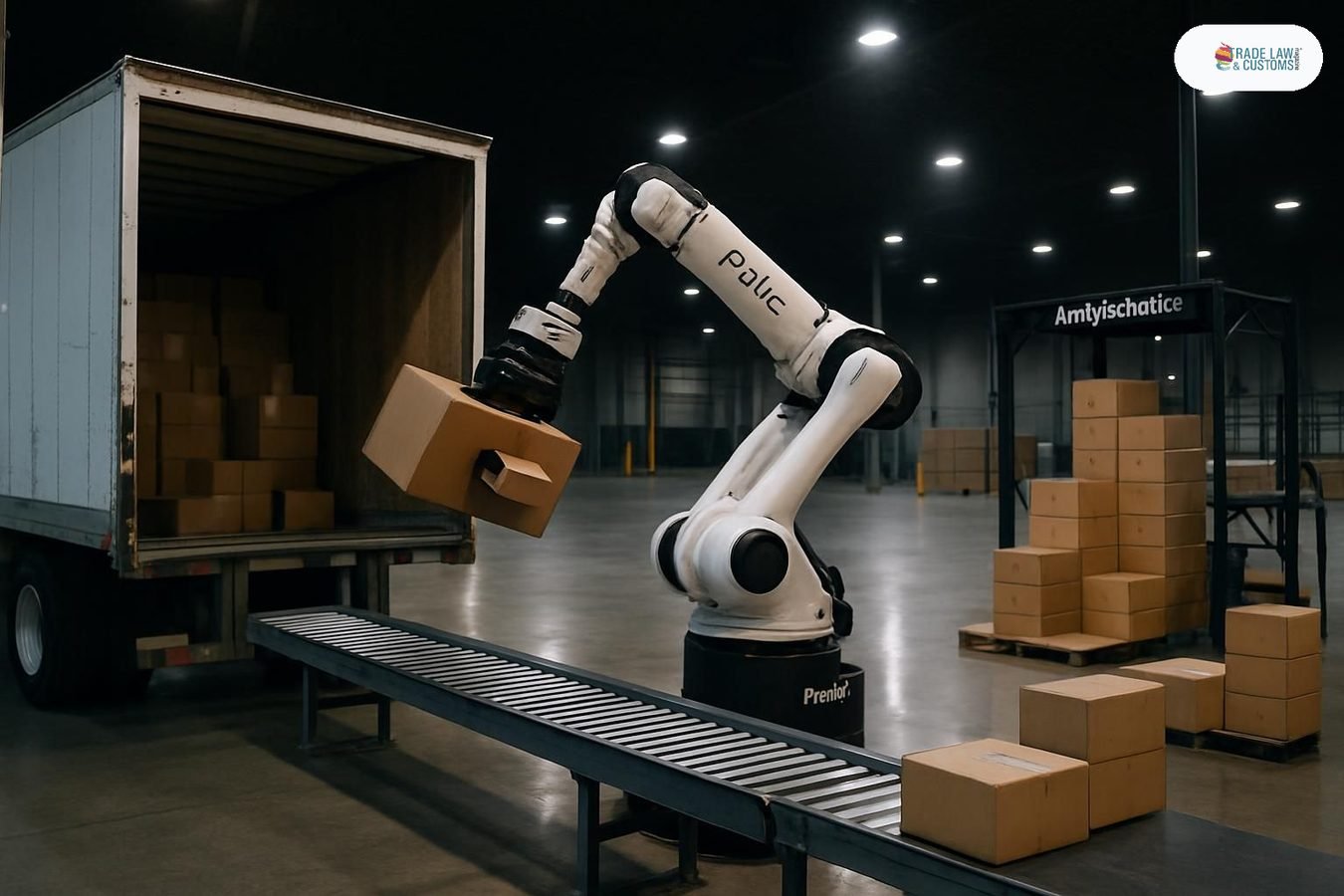 Robot descargando tráiler y transfiriendo cajas a banda transportadora en almacén automatizado