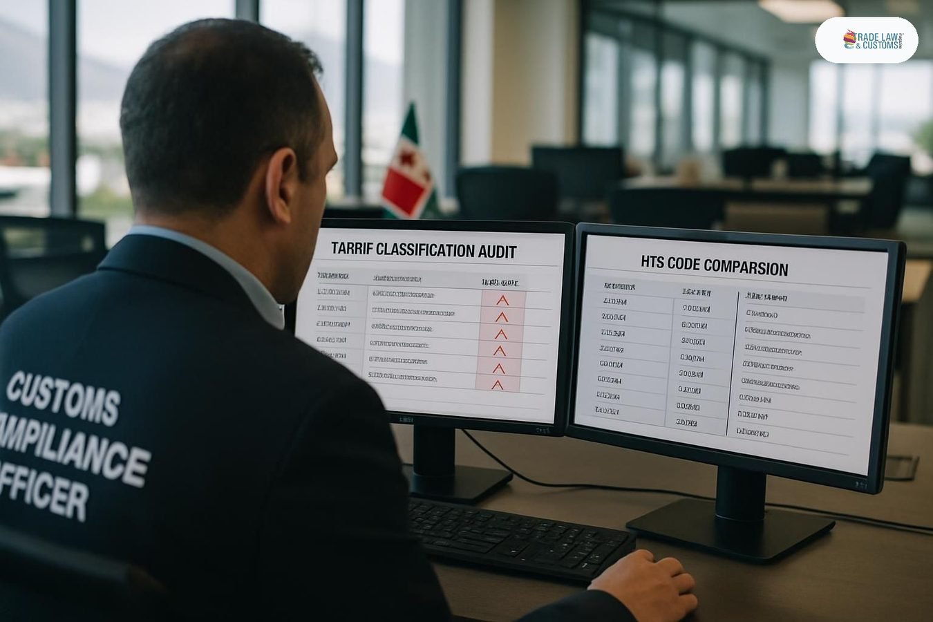 Especialista en cumplimiento aduanal revisando declaraciones auditadas por IA con errores marcados en pantalla