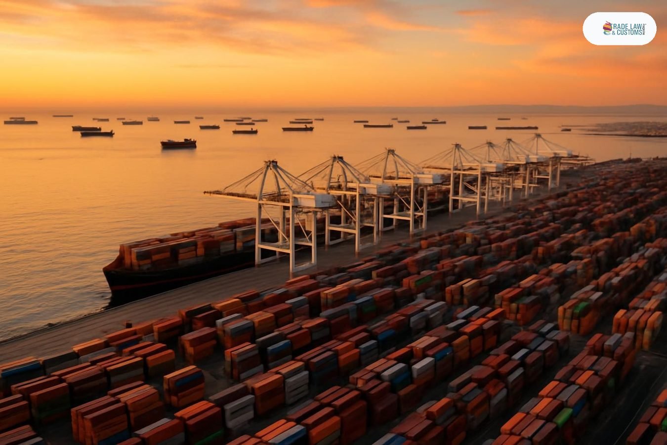 Vista aérea del Puerto de Long Beach con buques portacontenedores en ancla durante pico histórico de importaciones julio 2026