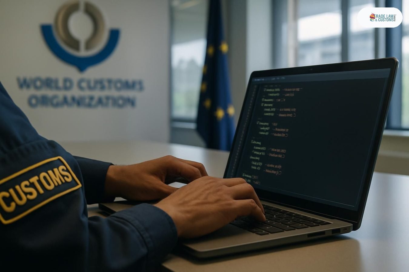 Funcionario aduanero revisando el Modelo de Datos OMA Versión 4.3.0 en pantalla en Bruselas