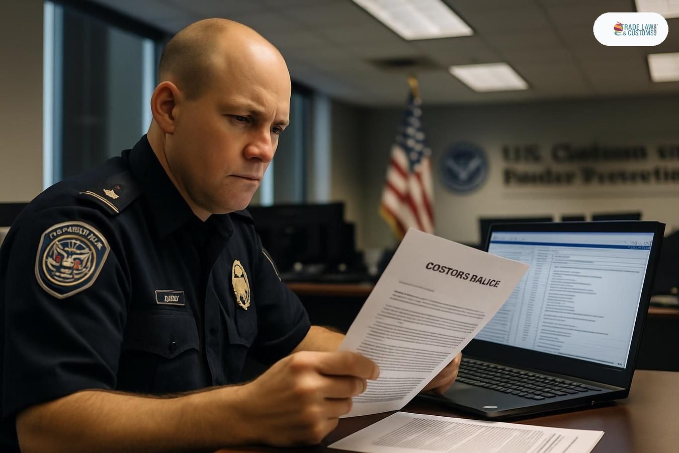 Oficial de CBP revisando el ruling HQ H350722 sobre clasificación arancelaria con IA