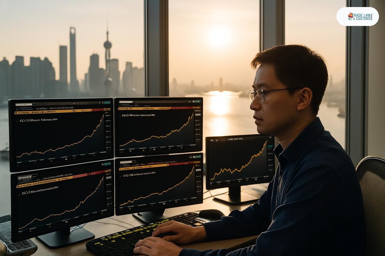 Operador de fletes revisando el WCI Drewry en pantallas de terminal financiera en Shanghái