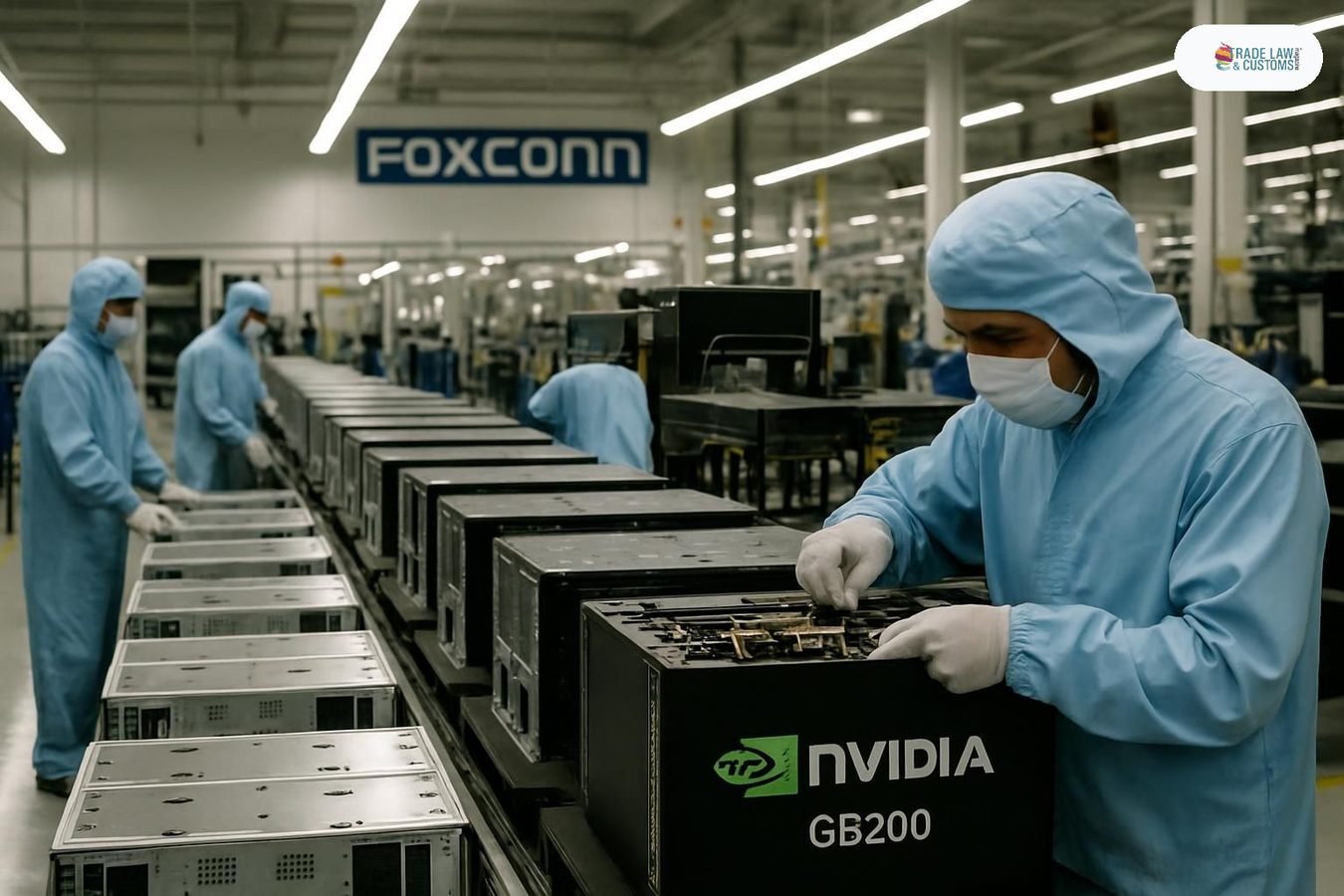 Técnicos en Guadalajara ensamblando racks de servidores Nvidia GB200 en planta Foxconn Jalisco