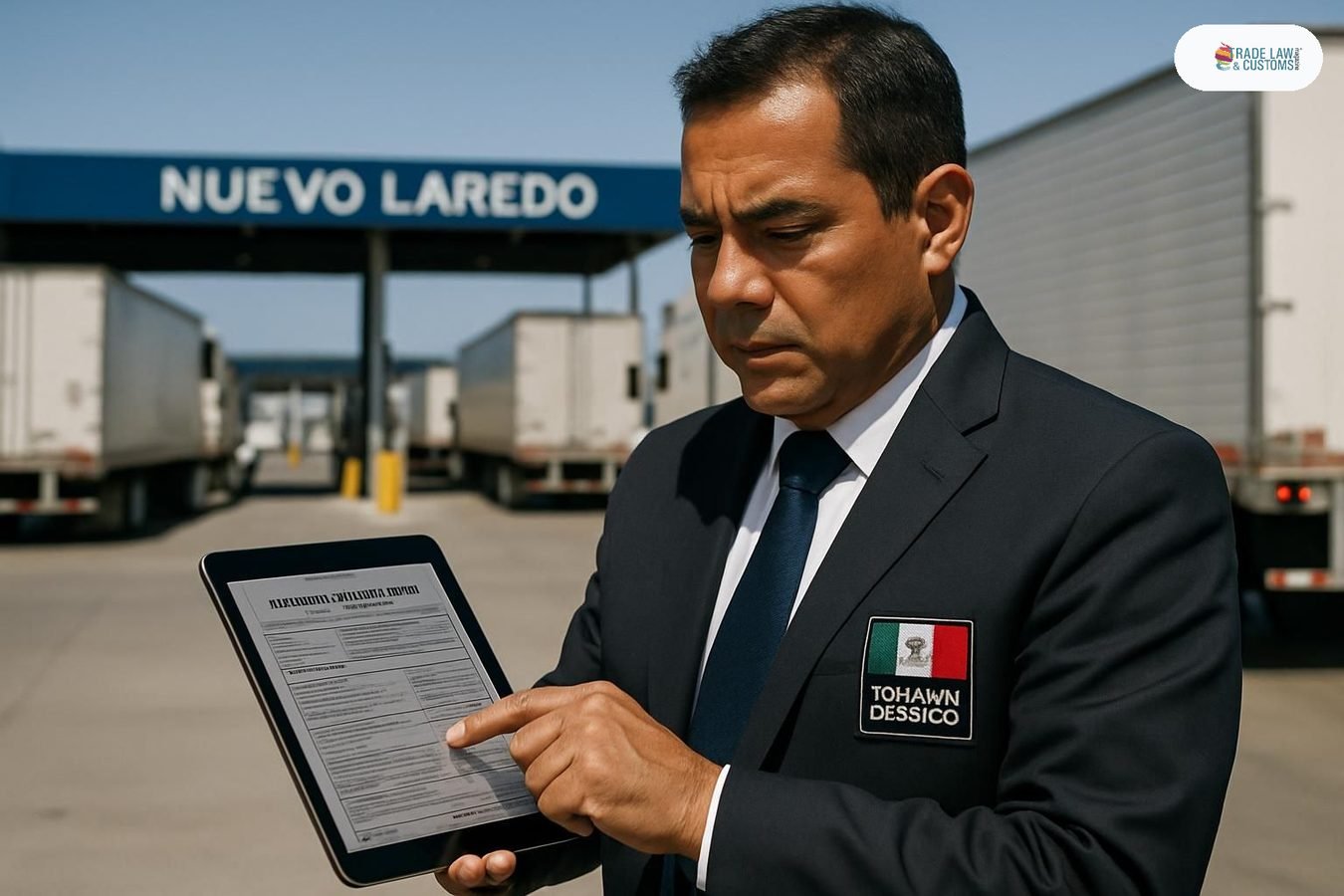Agente aduanal mexicano revisando declaración digital en cruce fronterizo de Nuevo Laredo