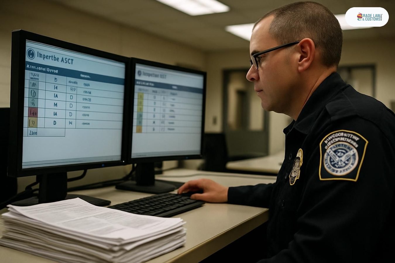 Oficial de CBP revisando el portal ACE con estatus de números de importador en pantalla