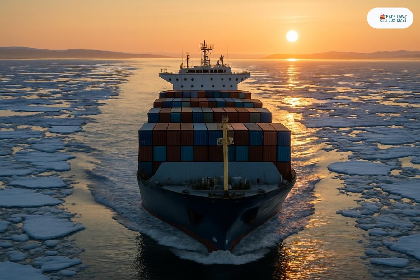 Portacontenedores navegando por la Ruta Marítima del Norte con témpanos de hielo a ambos lados bajo el sol de medianoche ártico