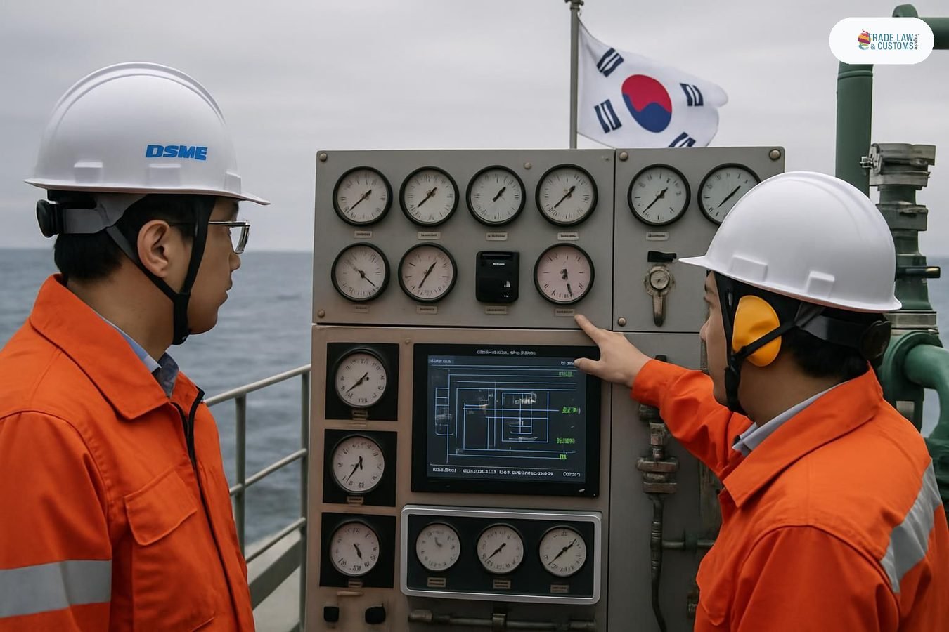 Ingenieros de HD Hyundai y Korean Register monitoreando el sistema de combustible dual a amoniaco durante la prueba naval en aguas surcoreanas