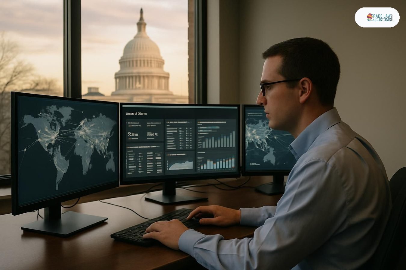 Analista de cumplimiento comercial revisando mapas de cadena de suministro y datos arancelarios en Washington D.C.