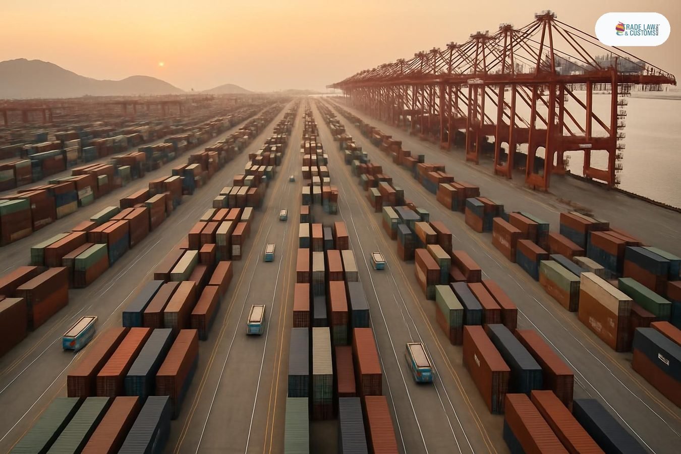 Vista aérea de la terminal automatizada de contenedores de Yangshan, Shanghái, con vehículos autónomos y grúas al amanecer