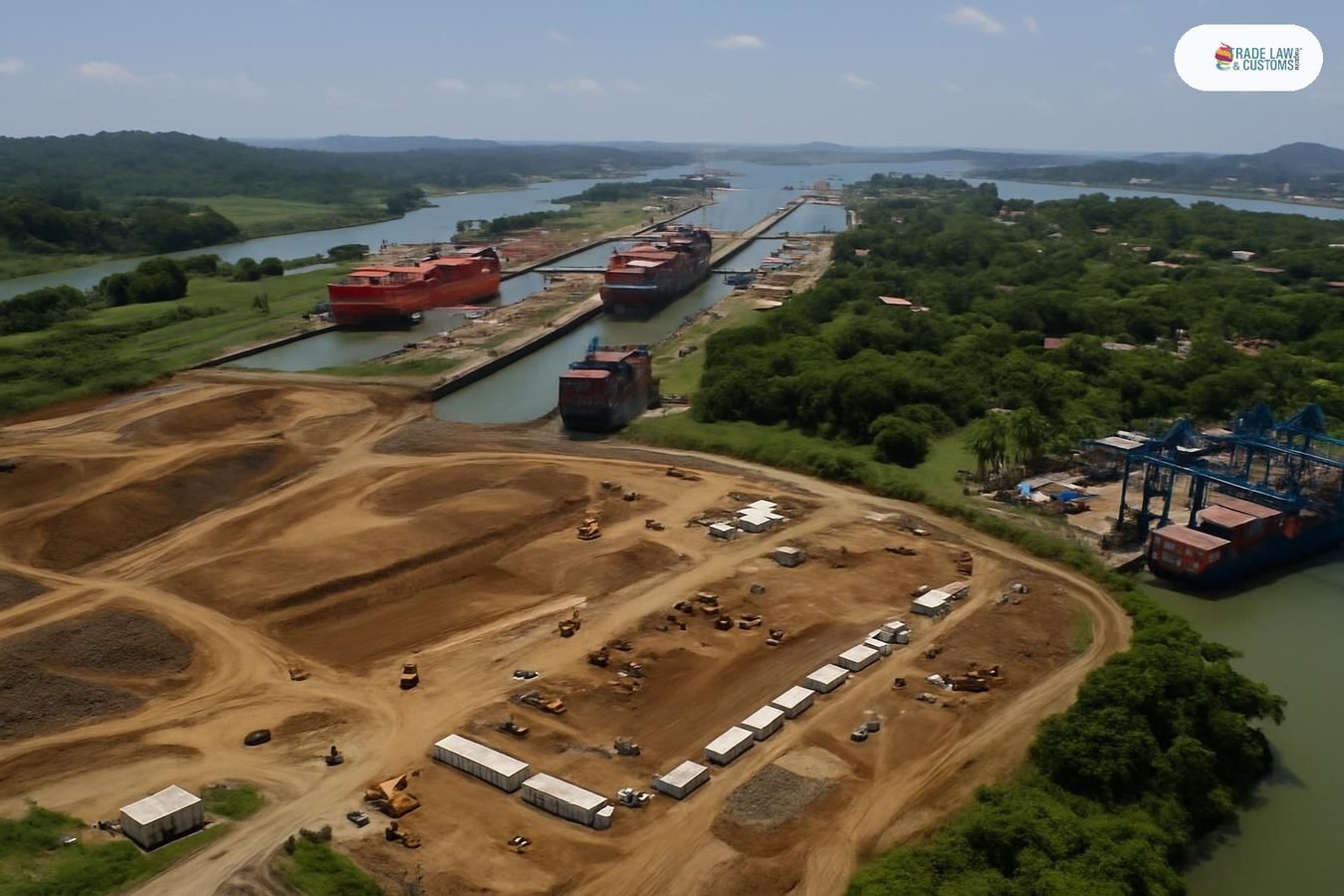 Vista aérea de la entrada Pacífico del Canal de Panamá en la zona de Corozal con buques portacontenedores en tránsito