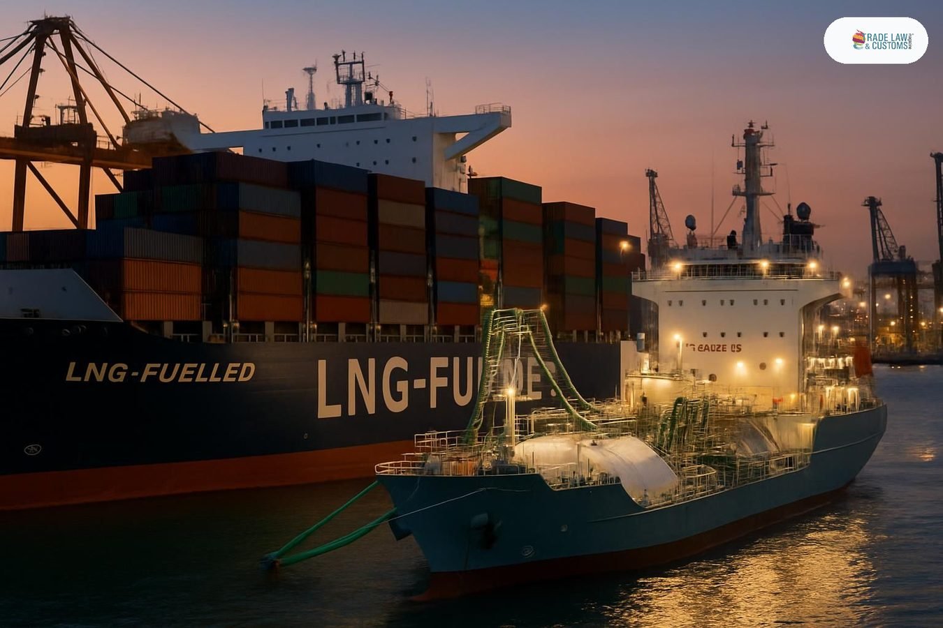 Buque portacontenedores recibiendo abastecimiento de GNL en terminal portuaria de Singapur al atardecer