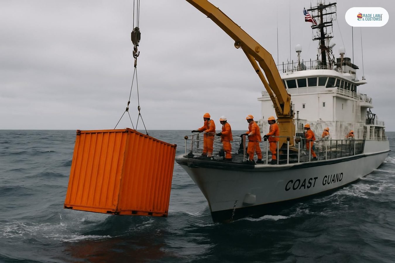 Embarcación de guardacostas recuperando un contenedor flotante en el Atlántico Norte