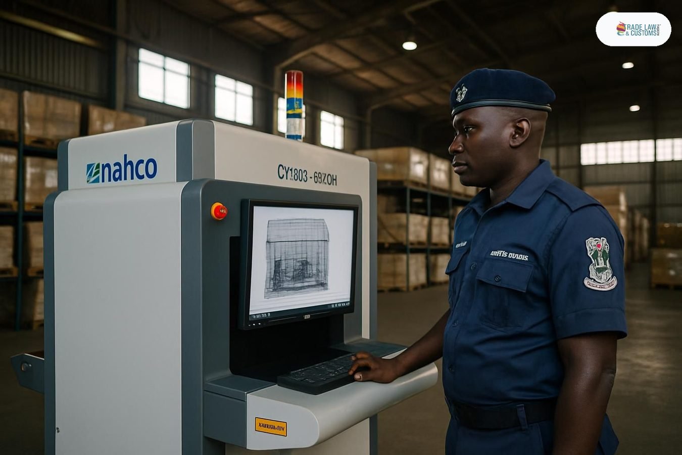 Oficial de aduanas de Nigeria junto a escáner de carga CX180-180DH en el aeropuerto de Abuja.