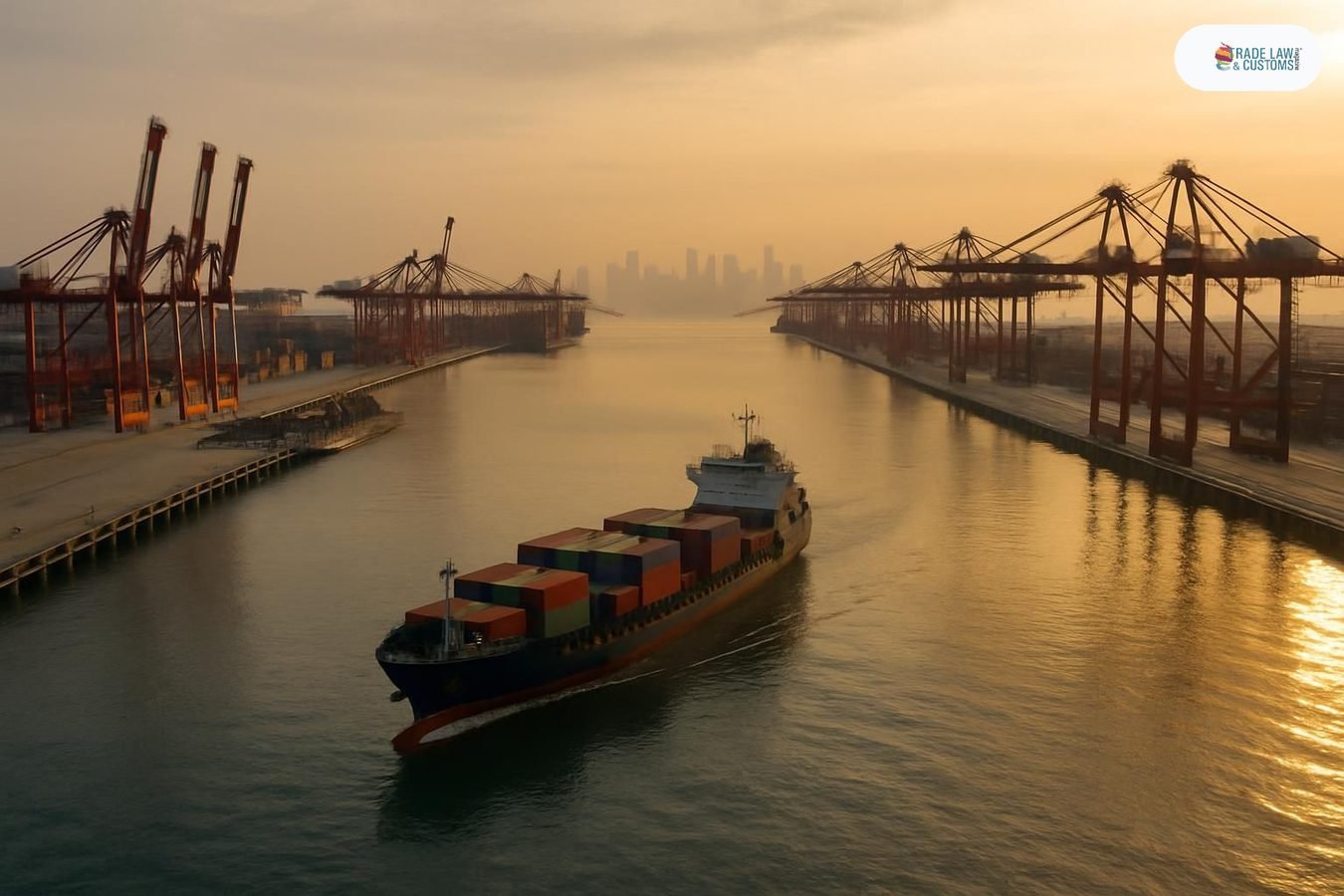 Buque alimentador de contenedores navegando entre las terminales Tuas y Pasir Panjang del Puerto de Singapur al amanecer.
