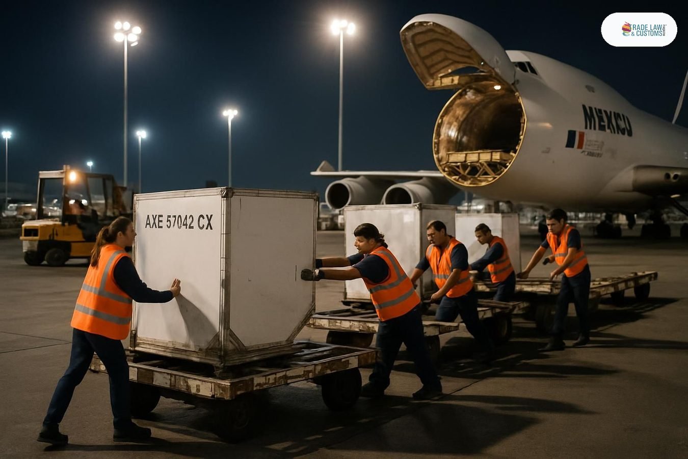 Personal de manejo de carga carga contenedores de flete aéreo en una terminal de carga del Aeropuerto Internacional de la Ciudad de México de noche.