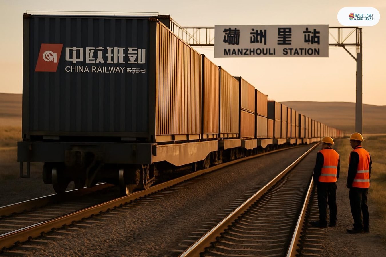 Tren de carga China-Europa partiendo de la estación de Manzhouli, Mongolia Interior, China, al atardecer.