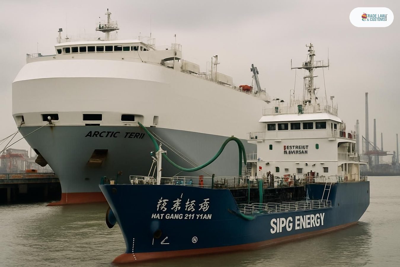Bunkering de metanol verde ship-to-ship entre el M/V Arctic Tern y el buque de abastecimiento Hai Gang Zhi Yuan en el Puerto de Shanghái, 21 de julio de 2026.