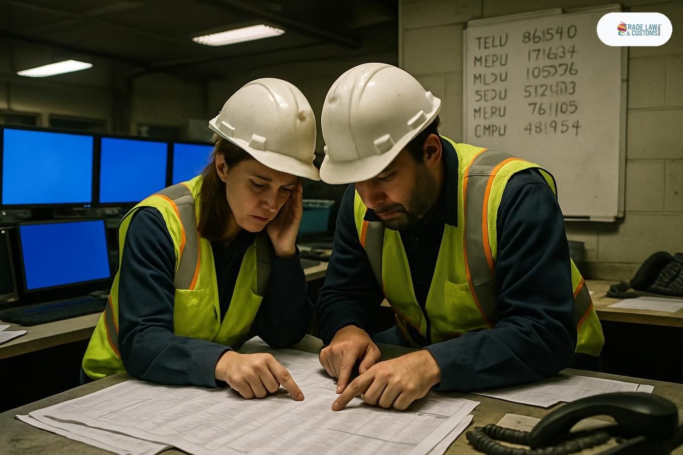 Operadores de terminal portuaria en EE.UU. revisando manifiestos en papel tras el colapso de sus sistemas digitales por un ciberataque en junio de 2026.