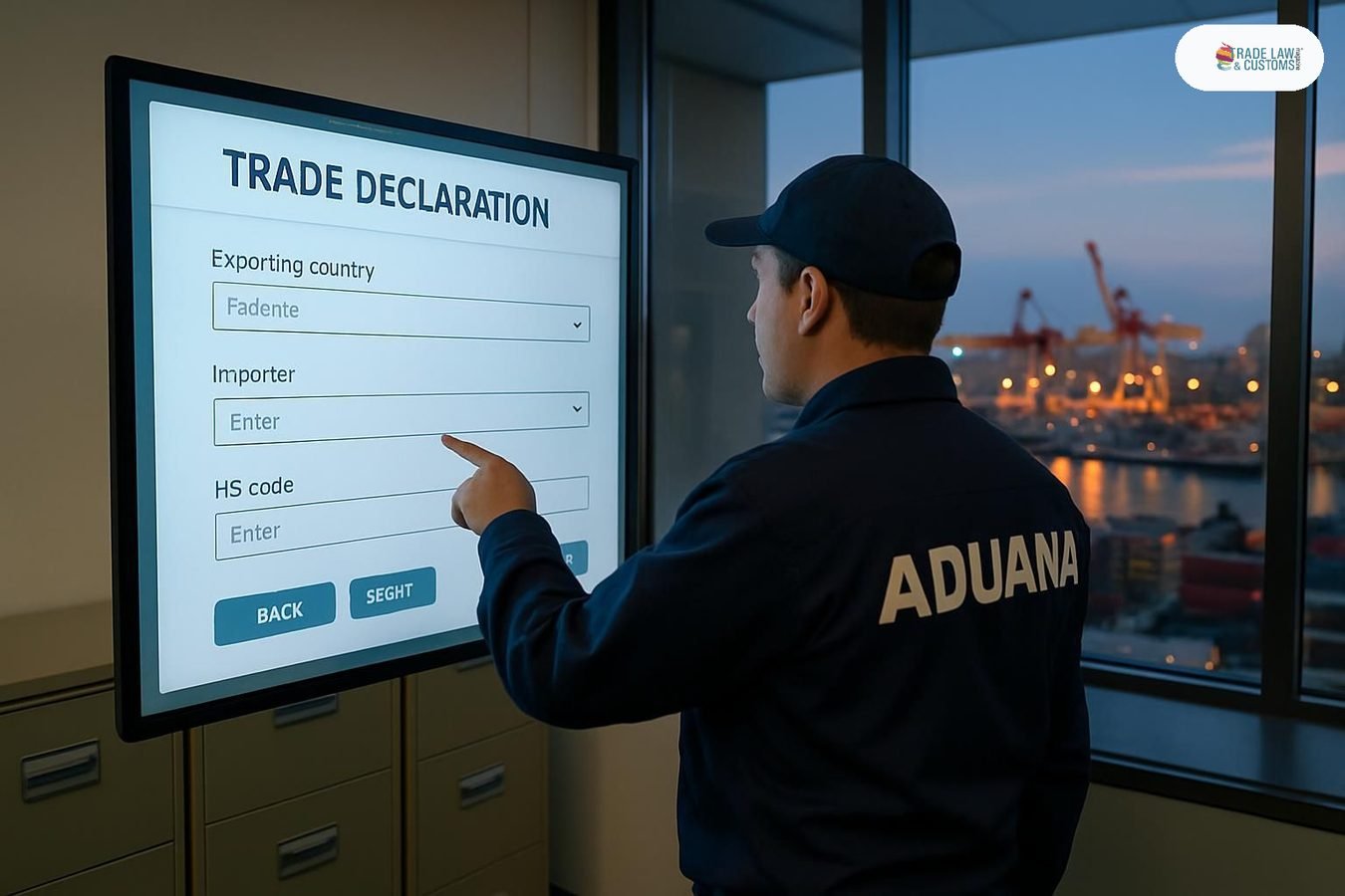 Oficial aduanero revisa declaración digital en pantalla táctil en oficina de aduanas de Buenos Aires.