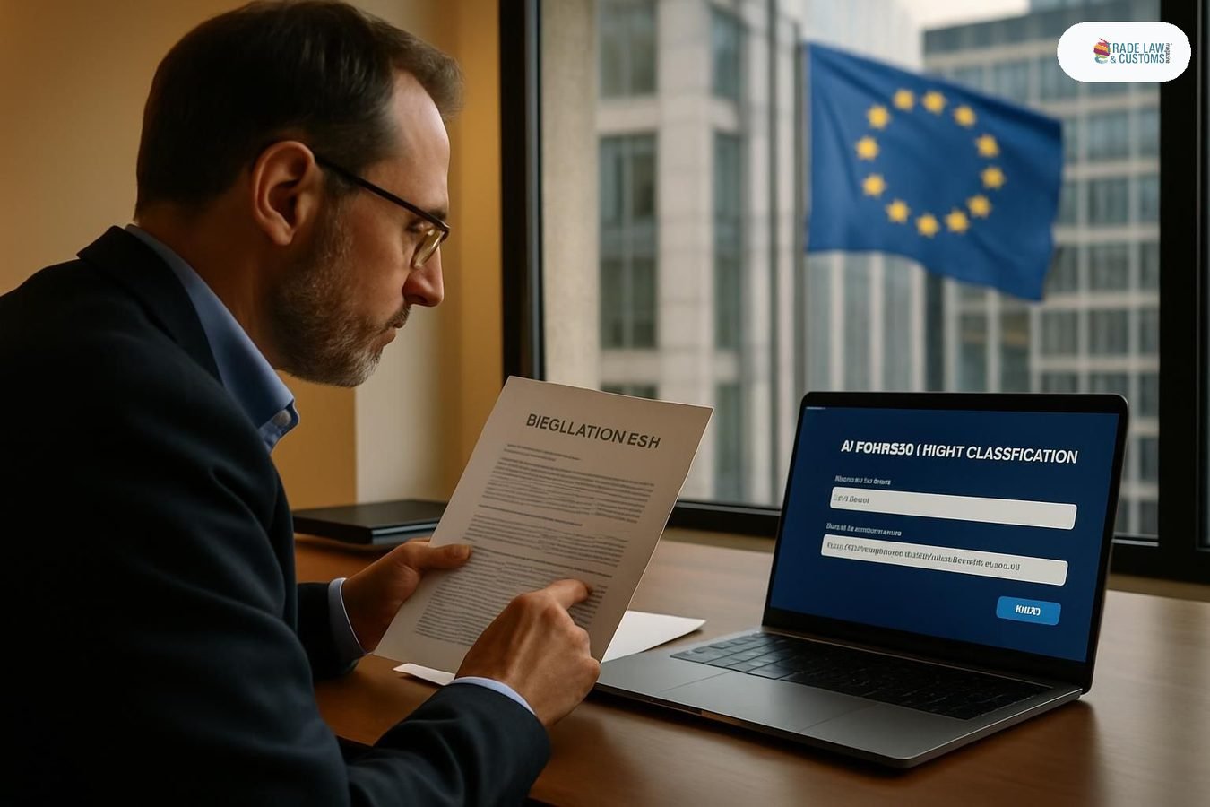 Oficial de cumplimiento revisa guías del EU AI Act junto a pantalla de clasificación arancelaria con IA.