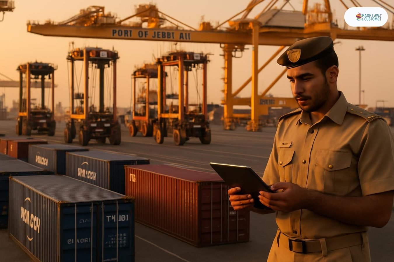 Terminal de contenedores de Jebel Ali con official aduanero revisando tableta digital al atardecer.