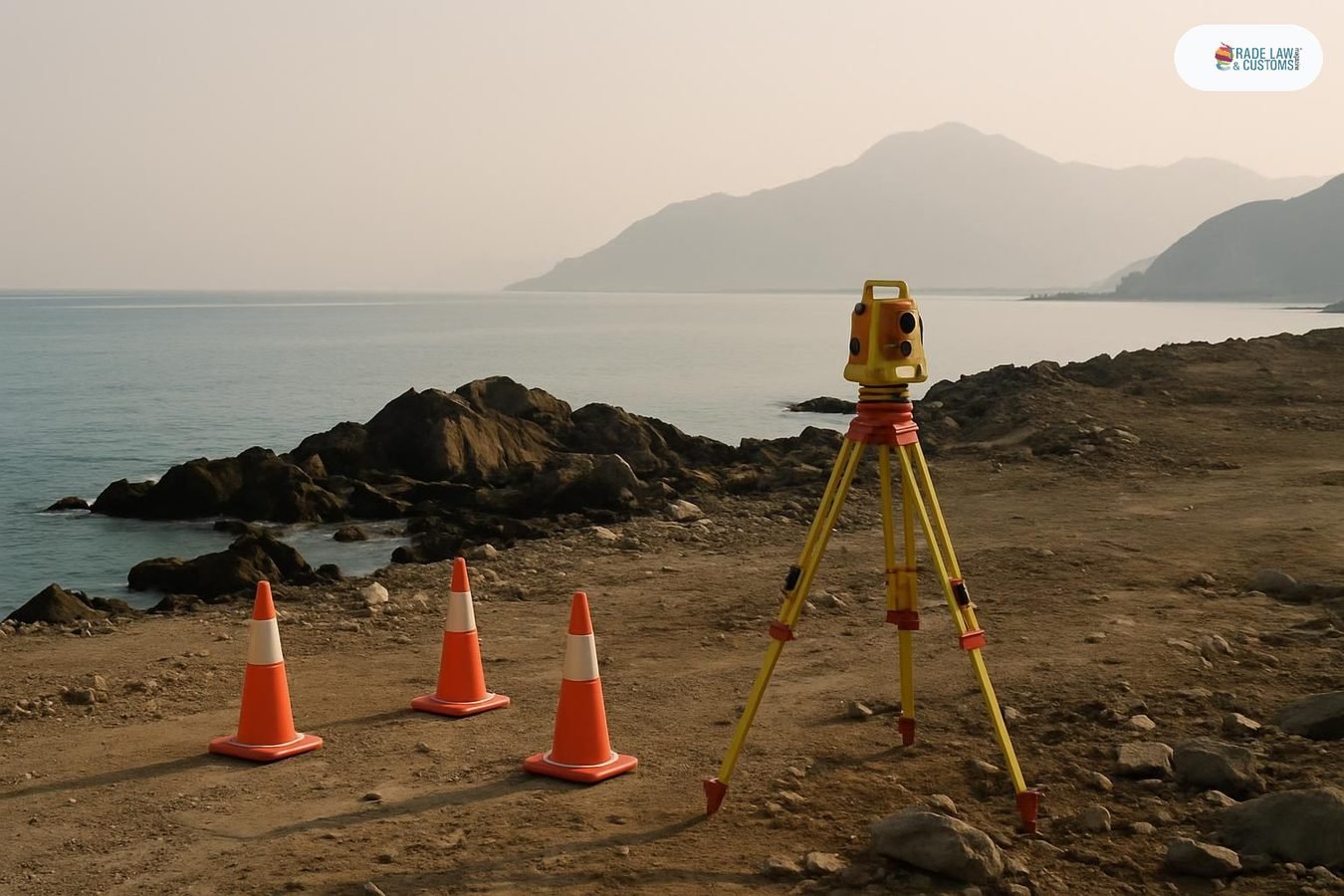 Costa de Fujairah en los EAU con equipo de agrimensura para la futura terminal portuaria Al Rugaylat.