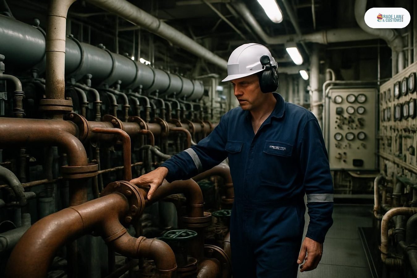 Ingeniero jefe inspecciona sistemas de combustible en sala de máquinas de buque portacontenedores.