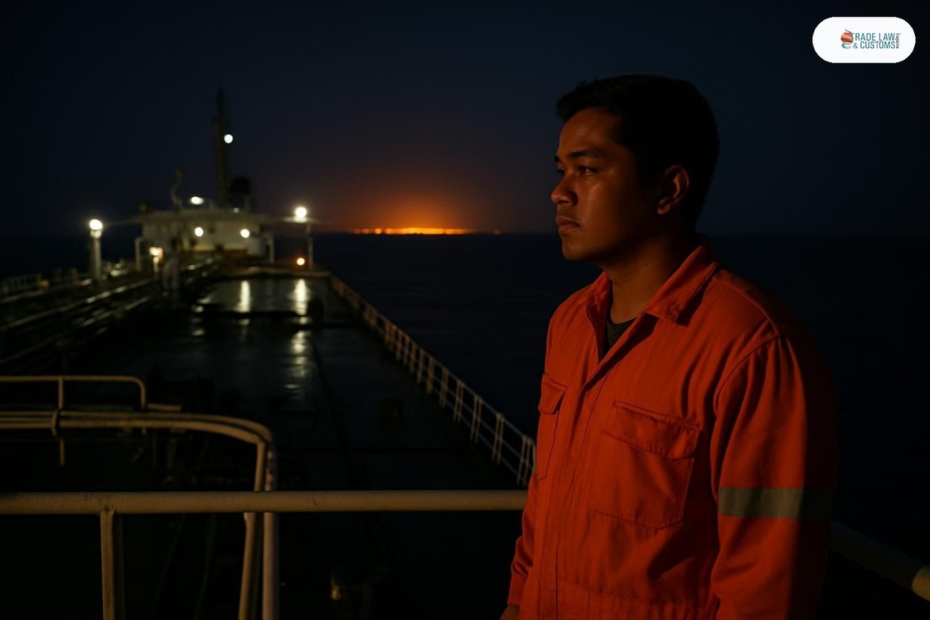 Marinero en cubierta de superpetrolero observa el horizonte nocturno en el Estrecho de Ormuz.