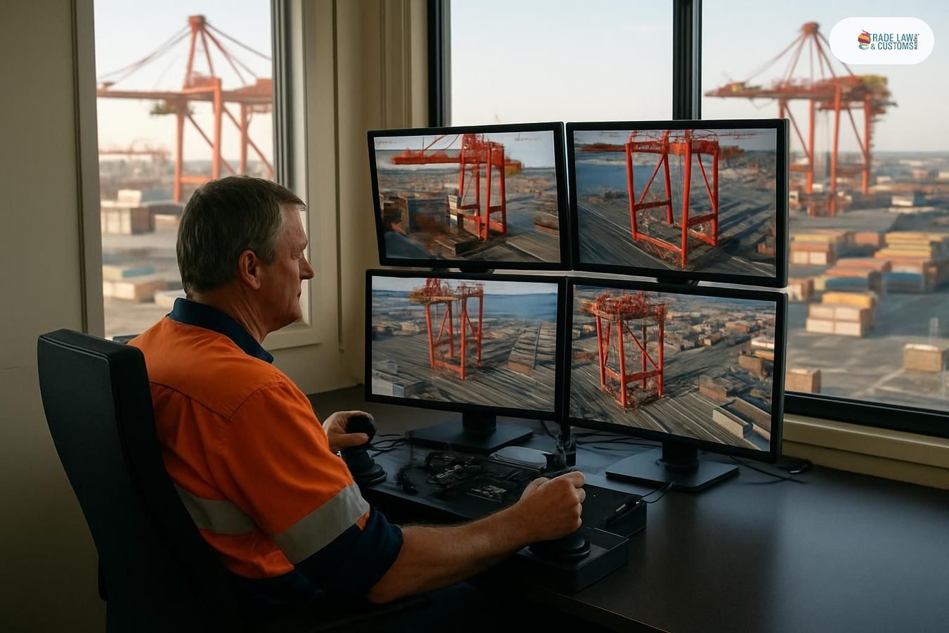 Operador de grúa portuaria controla equipo de forma remota desde consola en edificio de Fremantle
