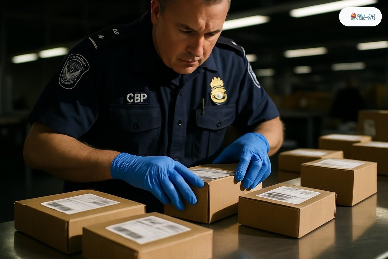 Oficial de CBP inspeccionando paquetes postales internacionales en instalación aduanal de Estados Unidos.