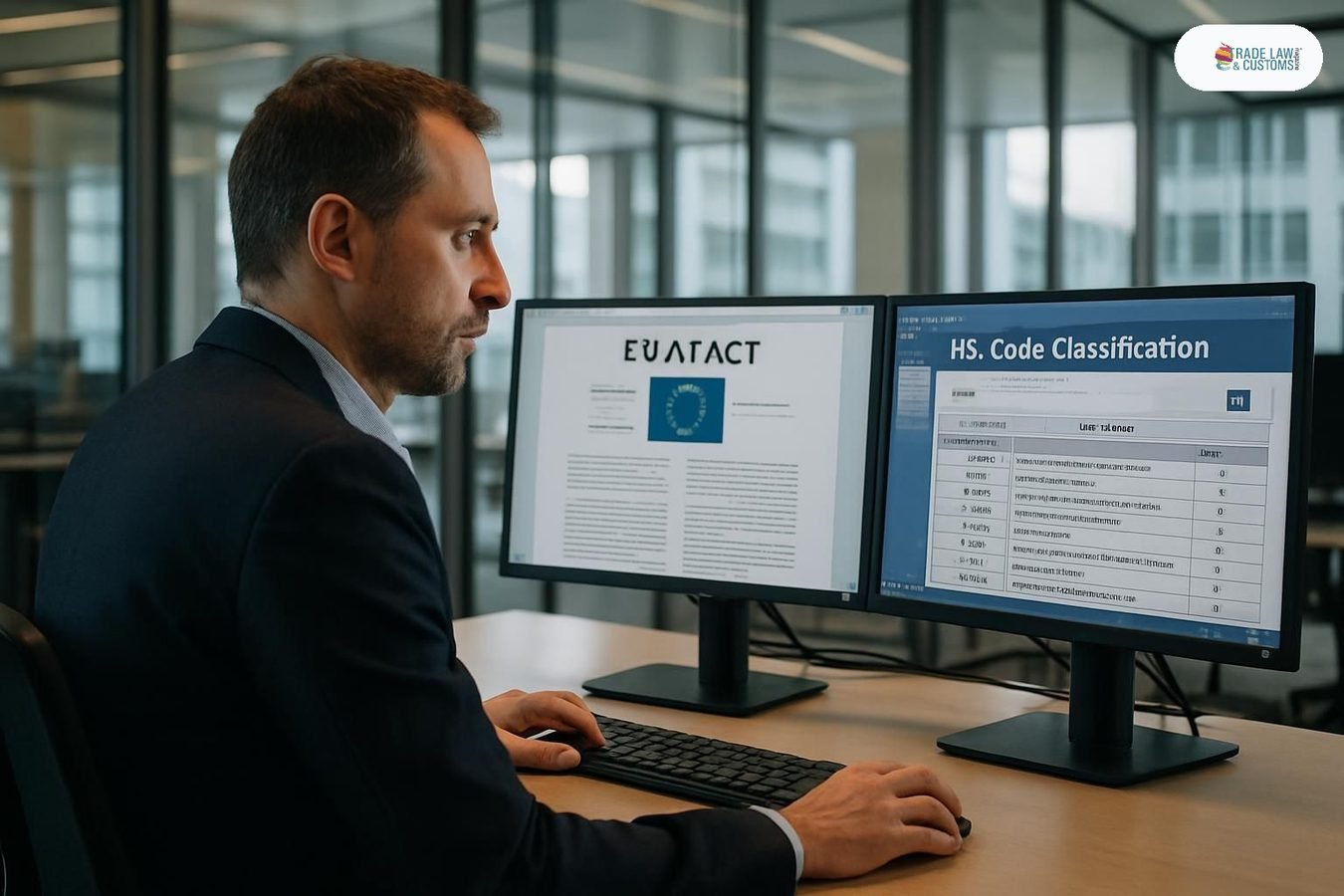 Analista de cumplimiento revisando documentos regulatorios de la Ley de IA de la UE en pantallas de computadora.