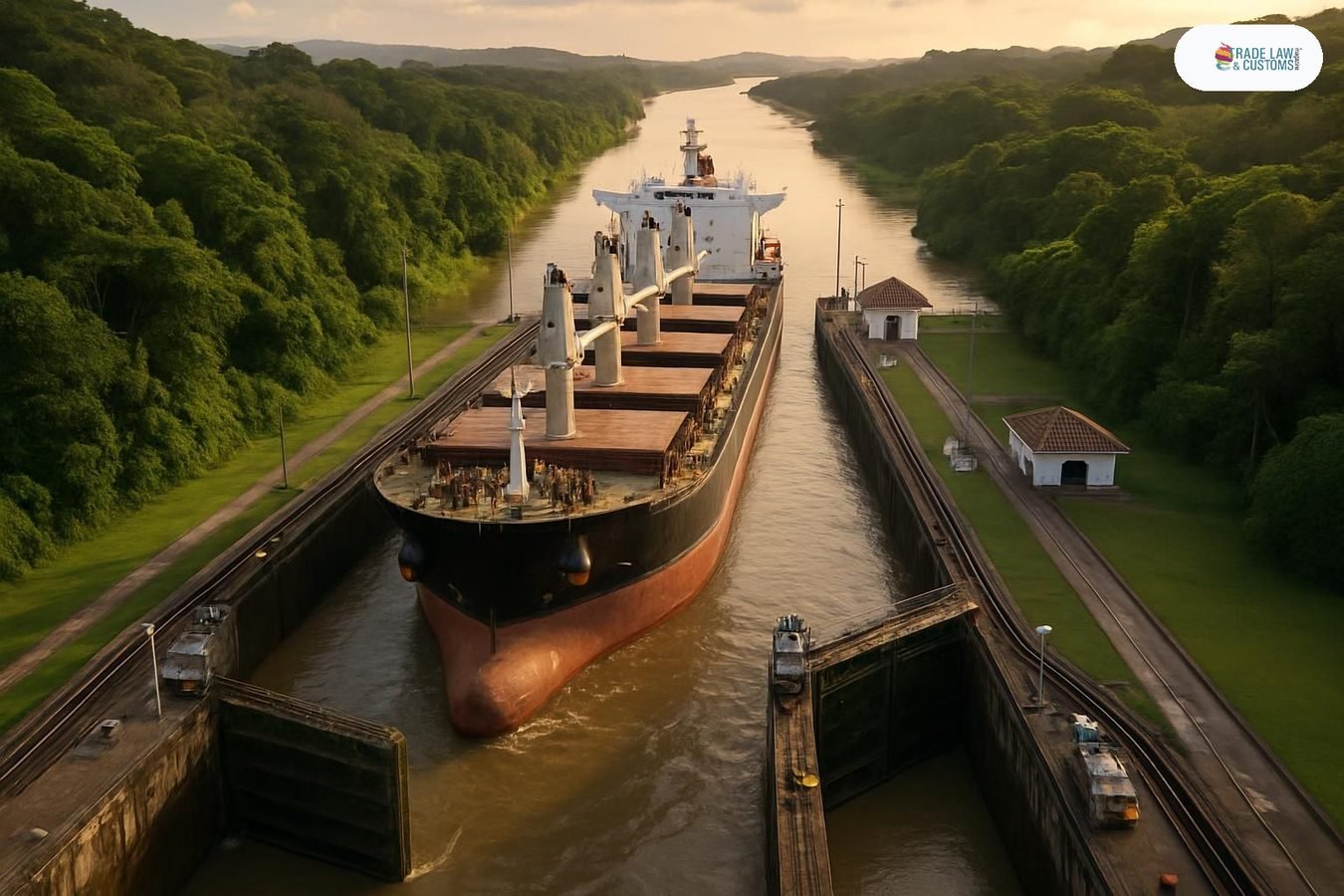 Buque Panamax ingresando a las esclusas de Gatún en el Canal de Panamá con niveles de agua bajos visibles.