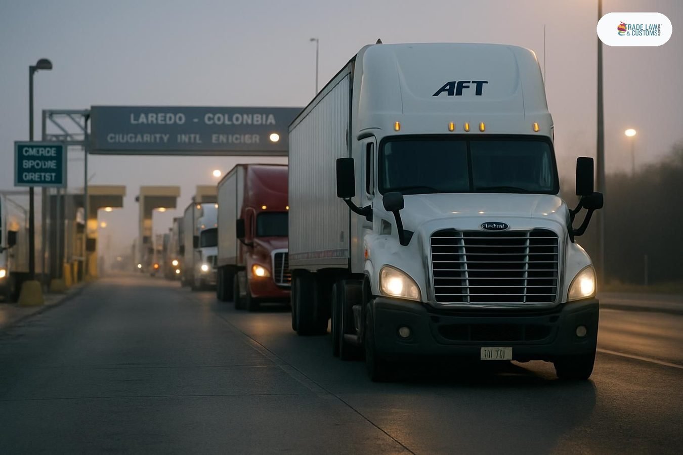 Camiones de carga mexicanos en fila en el cruce fronterizo comercial de Laredo al amanecer.