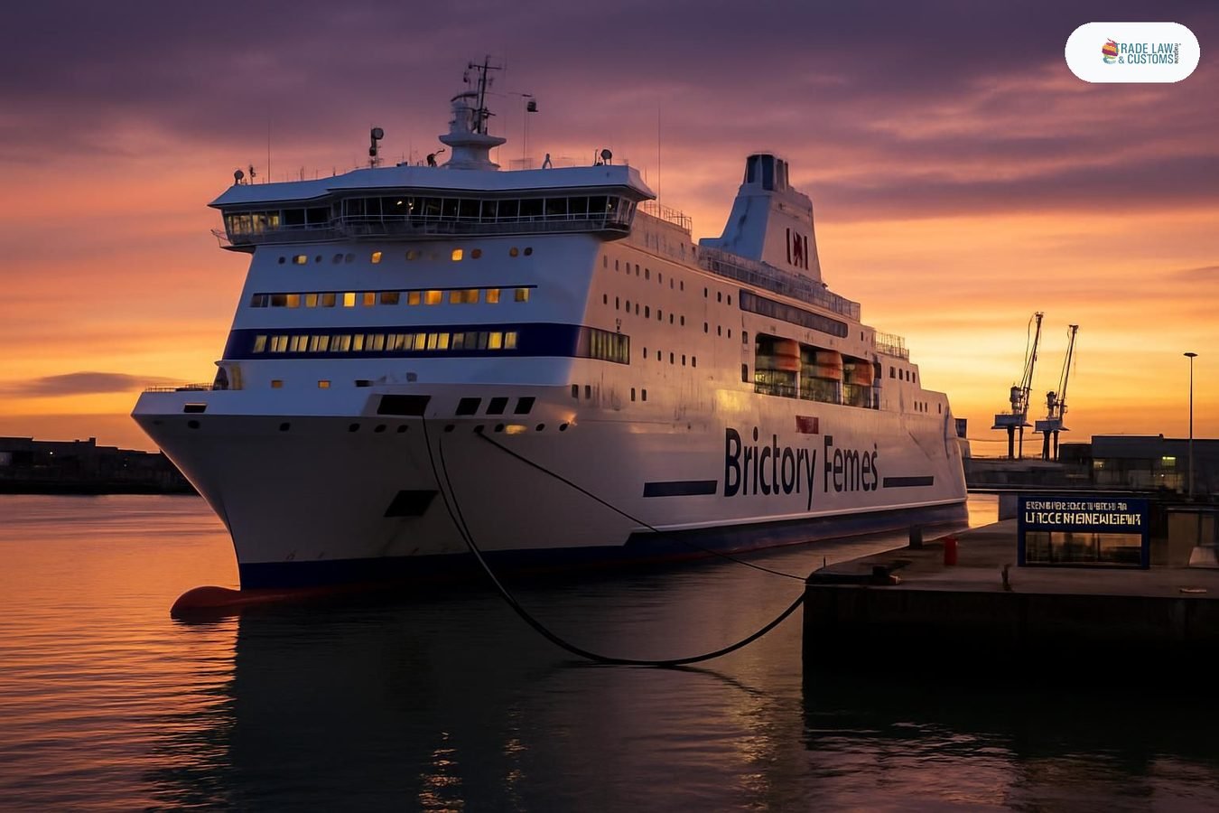Ferri de Brittany Ferries conectado al sistema de alimentación eléctrica en muelle del Puerto de Portsmouth al atardecer.