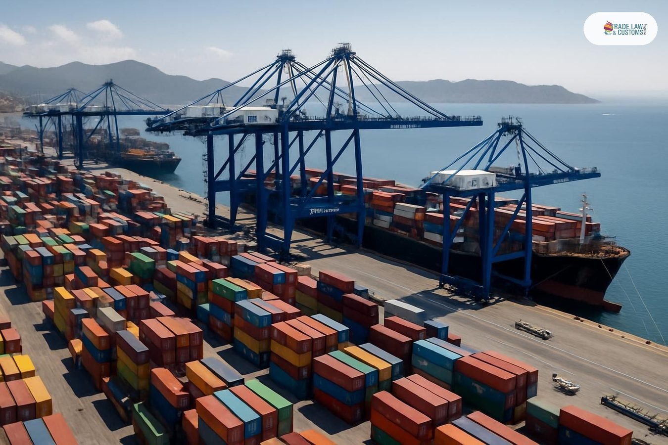 Vista aérea del Puerto de Manzanillo, México, con grúas de terminal y contenedores apilados bajo luz del mediodía.
