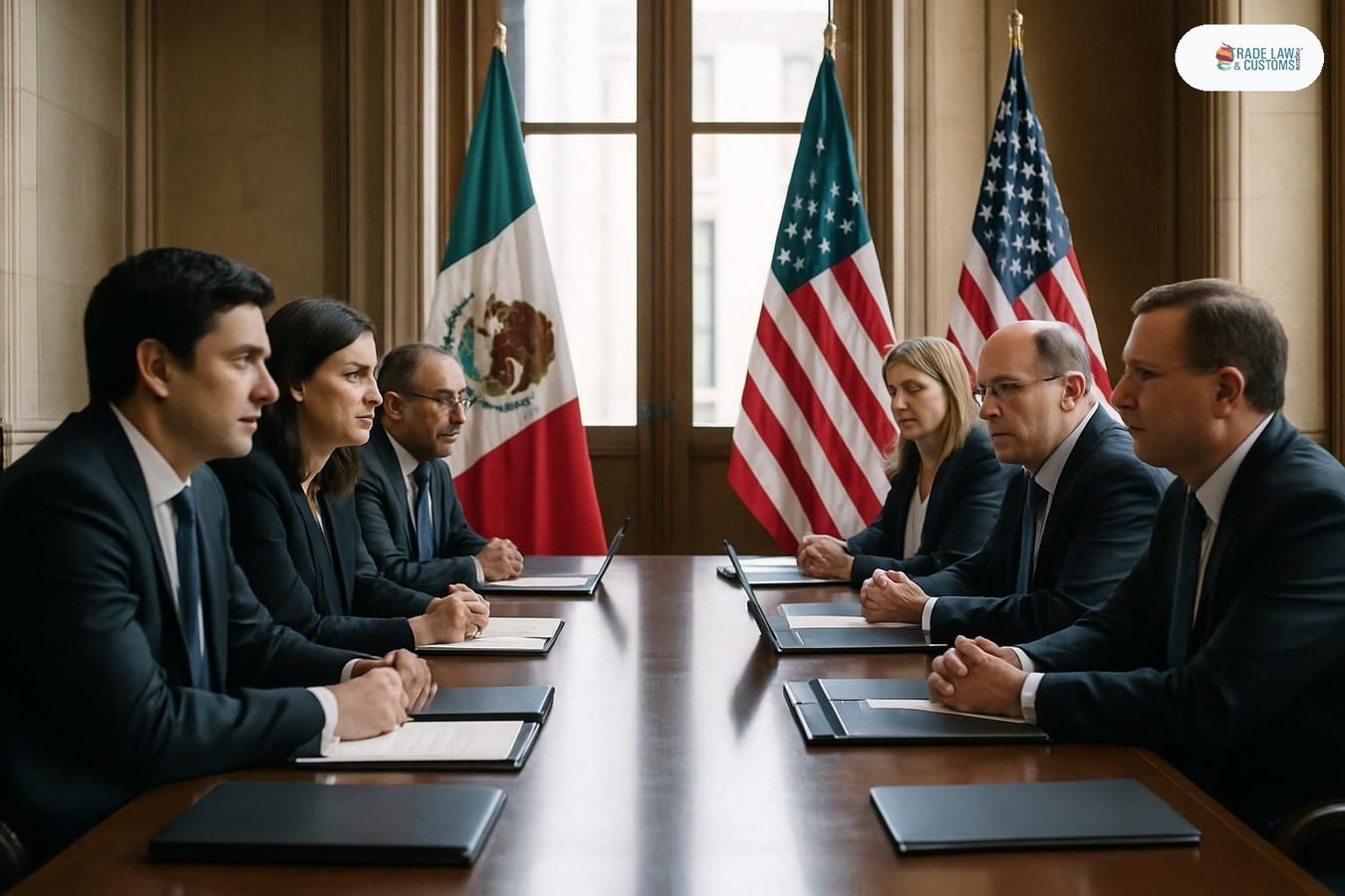Delegaciones de México y Estados Unidos en mesa de negociación del T-MEC en la Secretaría de Economía, Ciudad de México.