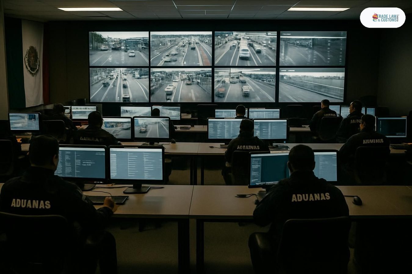 Sala de operaciones del CPED de la ANAM con pantallas mostrando feeds en tiempo real de aduanas mexicanas