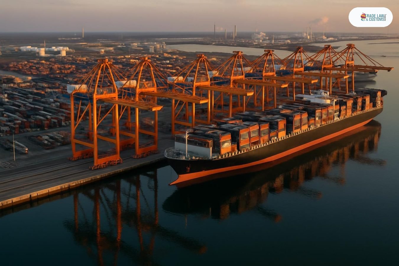 Vista aérea del Puerto de Rotterdam al atardecer con grúas y buque portacontenedores atracado en Maasvlakte