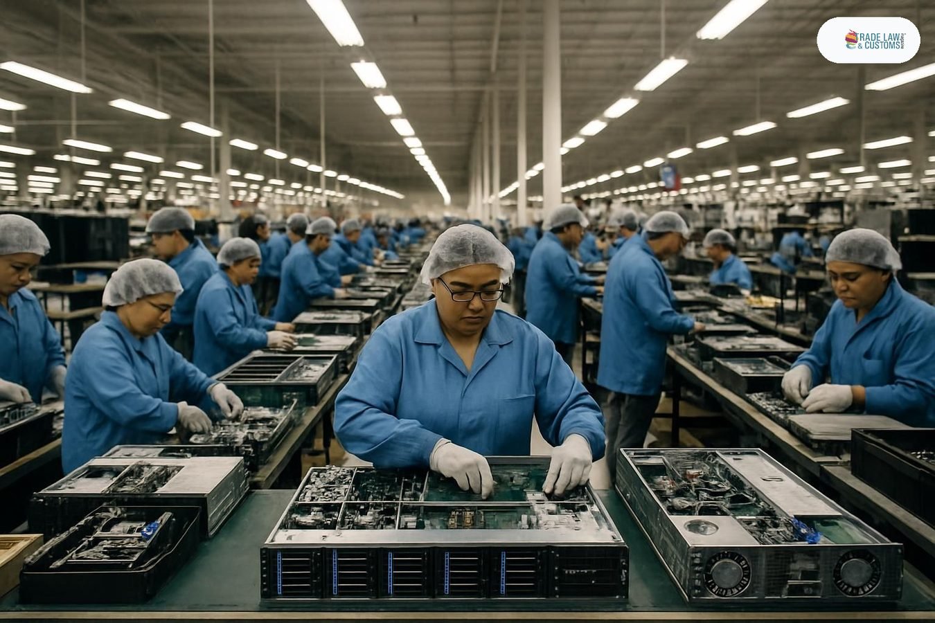Trabajadores ensamblando hardware electrónico en planta manufacturera del norte de México impulsada por demanda de IA