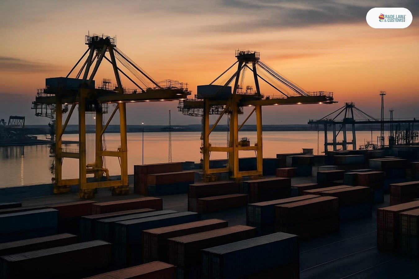 Terminal de contenedores del Puerto de Constanța en el Mar Negro con grúas eléctricas al amanecer