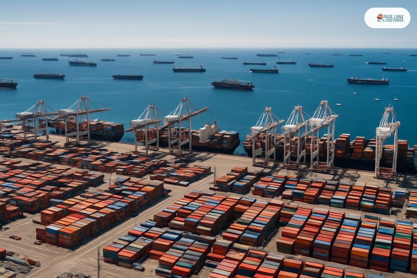 Vista aérea del Puerto de Long Beach con buques portacontenedores atracados y carga de contenedores al máximo en julio de 2026