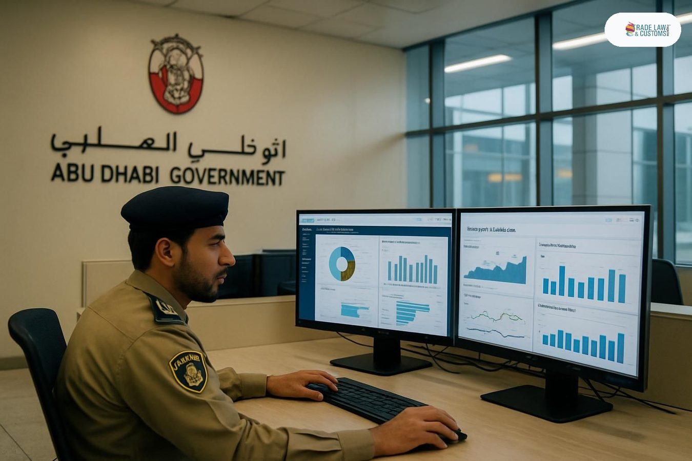 Funcionario de Aduanas de Abu Dabi revisando reportes de auditoría automatizada en pantallas digitales.