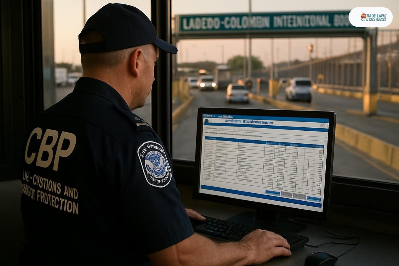 Oficial de CBP revisa sistema automatizado CAPE en cruce fronterizo de Laredo