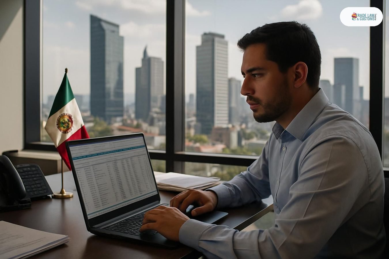 Analista de comercio exterior revisa datos de clasificación arancelaria en su computadora en una oficina corporativa en Ciudad de México.