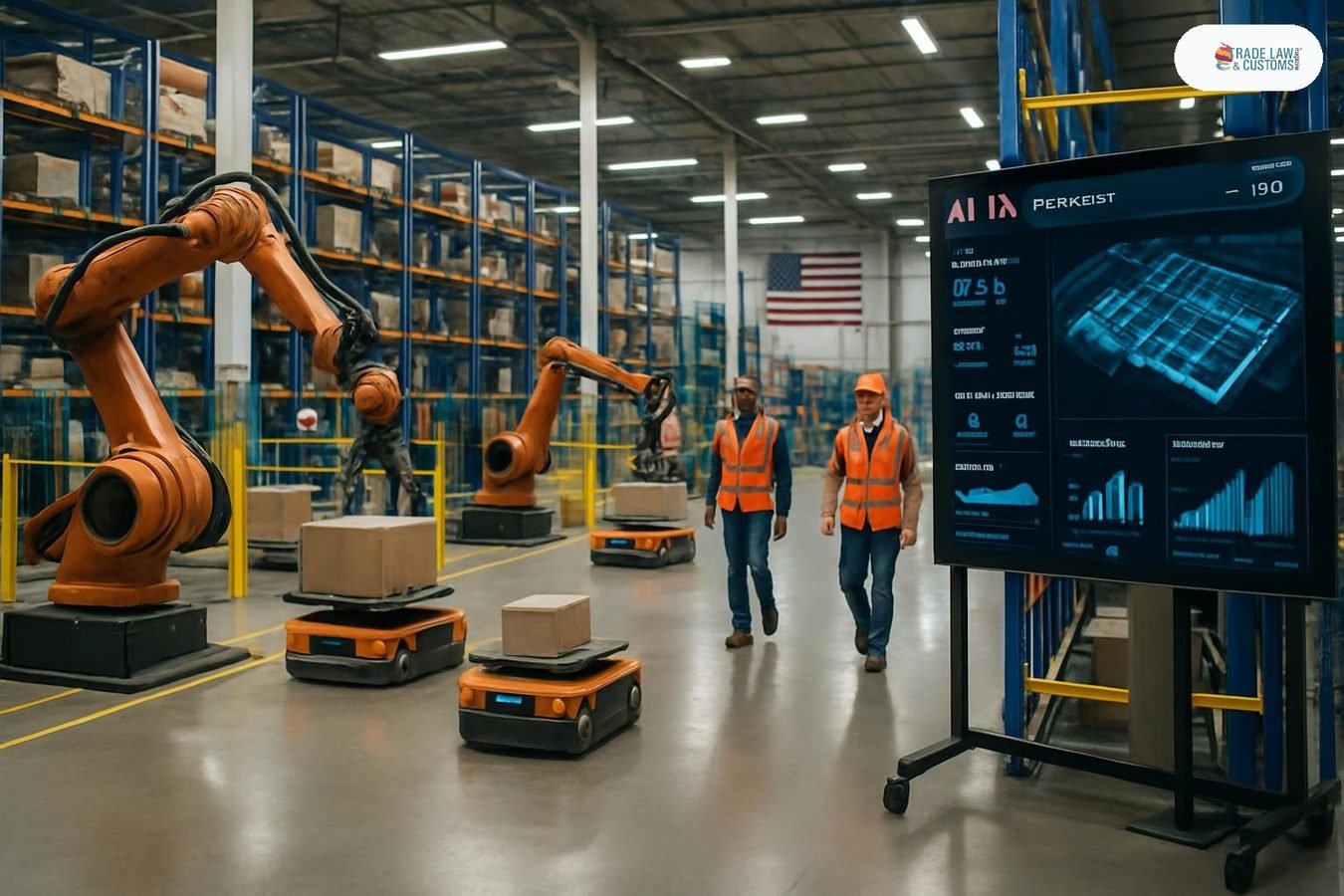 Robots y trabajadores humanos operan en sincronía dentro de un almacén automatizado con sistema de orquestación en tiempo real