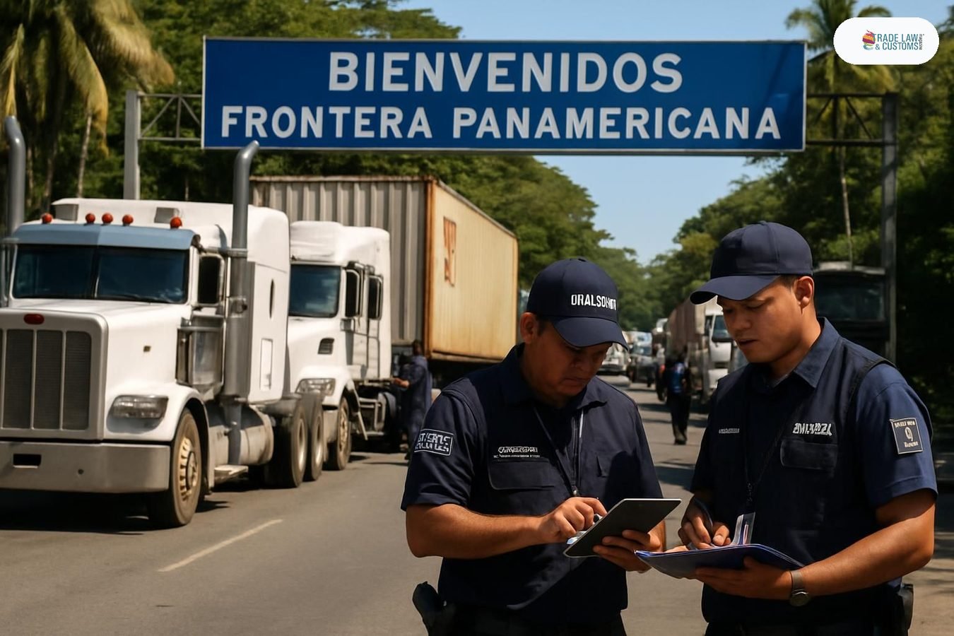 Oficiales de aduana revisan documentación de camiones de carga en un cruce fronterizo del Corredor del Pacífico centroamericano.
