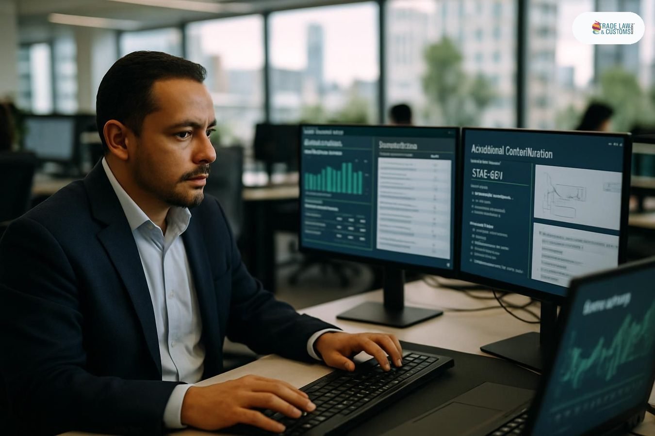 Profesional de comercio exterior analiza datos arancelarios en pantallas con herramientas de IA