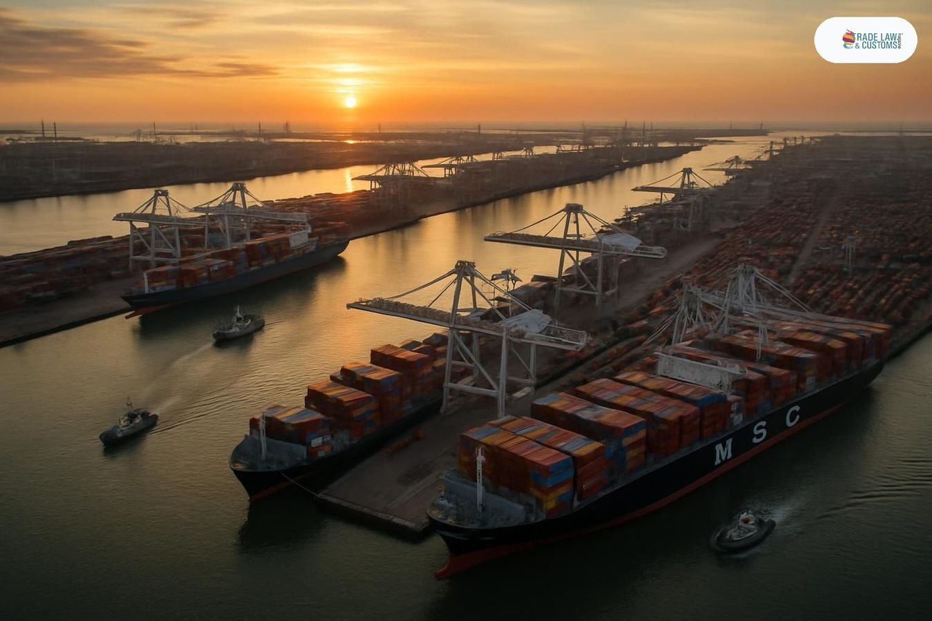 Vista aérea del Puerto de Rotterdam al atardecer con terminales de contenedores y grúas automatizadas