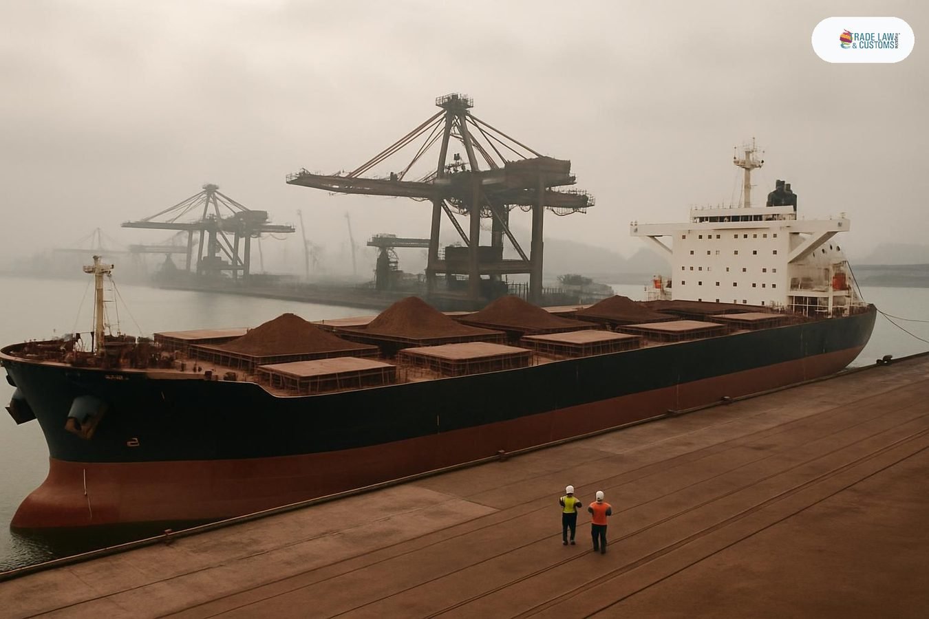 Buque granelero tipo Capesize cargado con mineral de hierro en terminal portuaria con grúas de descarga al fondo.